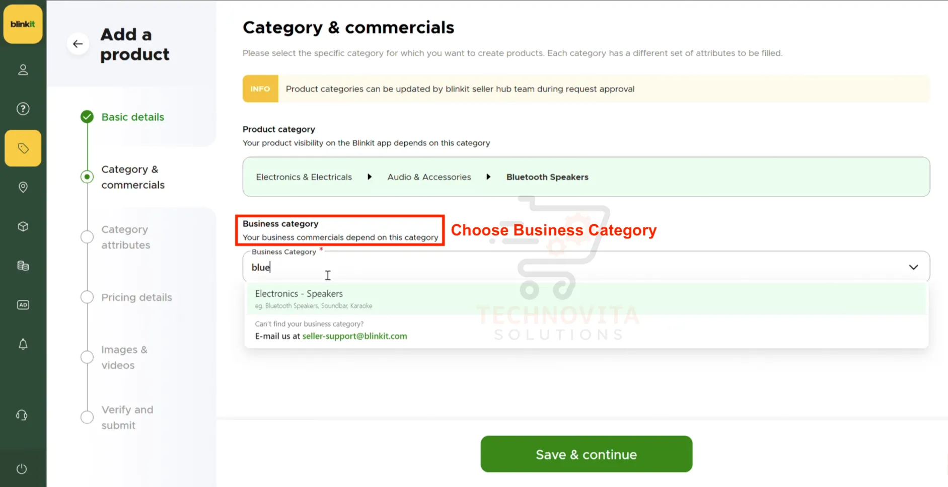 Selecting Business Category on Blinkit